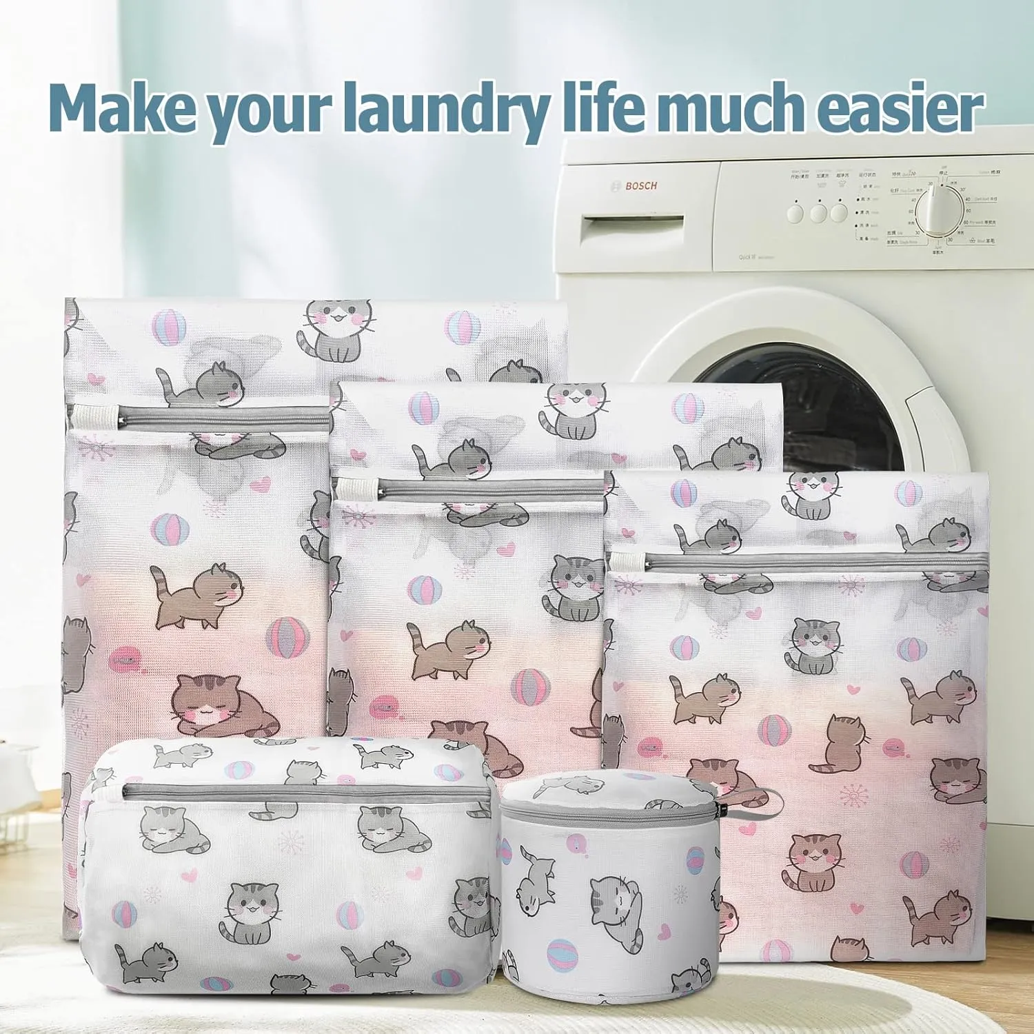 Mesh Laundry Bags for Delicates with Cute Prints,Set of 5 Lingerie Bags for Washing Delicates,Delicates Laundry Bags for Bra,Lingerie,Underwear,Sock(CAT)
