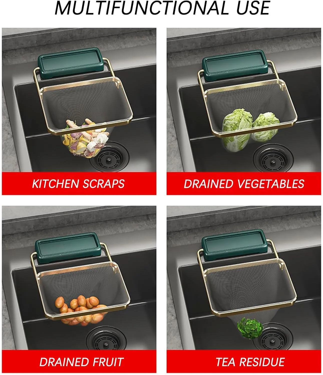 Meshmate Waste Rack Sink, Mesh Mate Rotatable Kitchen Sink Strainer with 100Pcs Filter Mesh Bags, Suction Cup Sink Strainer & Kitchen Sink Filter Rack (Green*2, With 100 pcs Bags)
