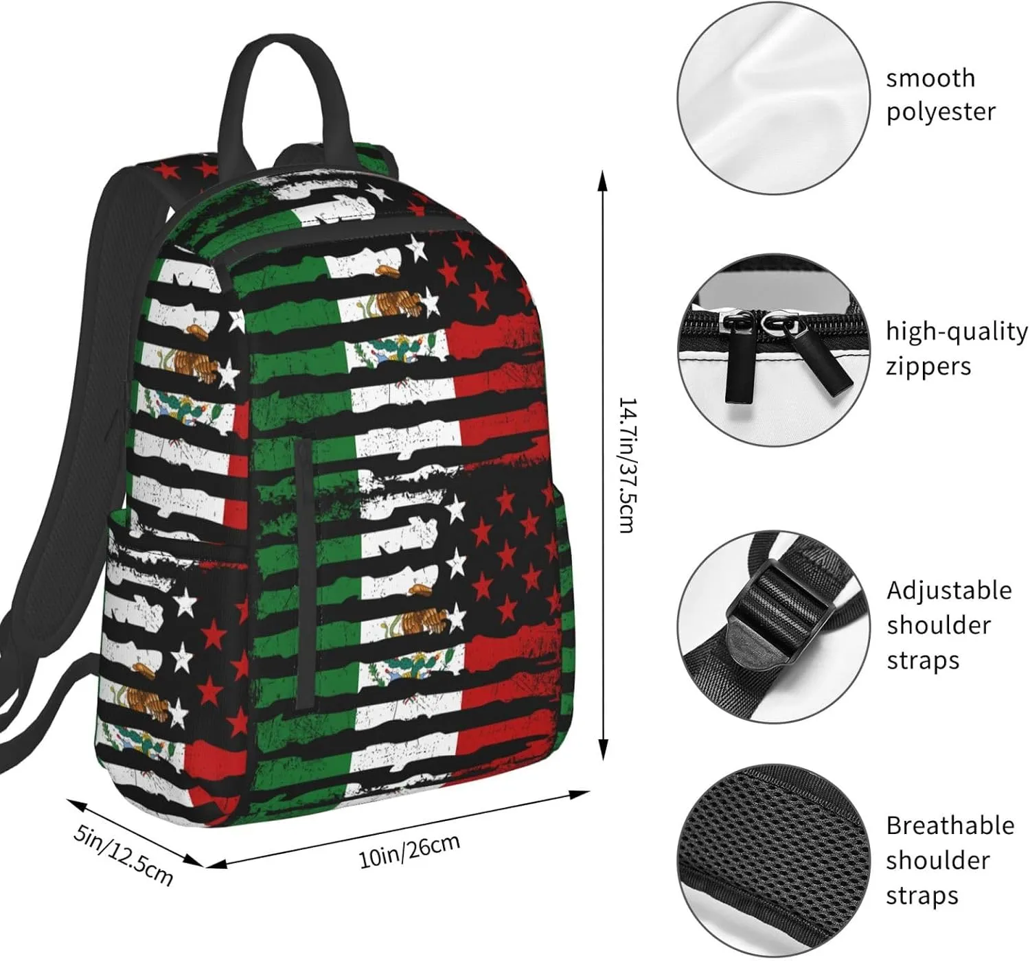 Mexican American Pride USA Flag Mexico Roots Travel Backpacks Casual Laptop Backpack Sport Rucksack Large Capacity Daypack Multi-Pockets Adjustable Strap Bag for Working Hiking