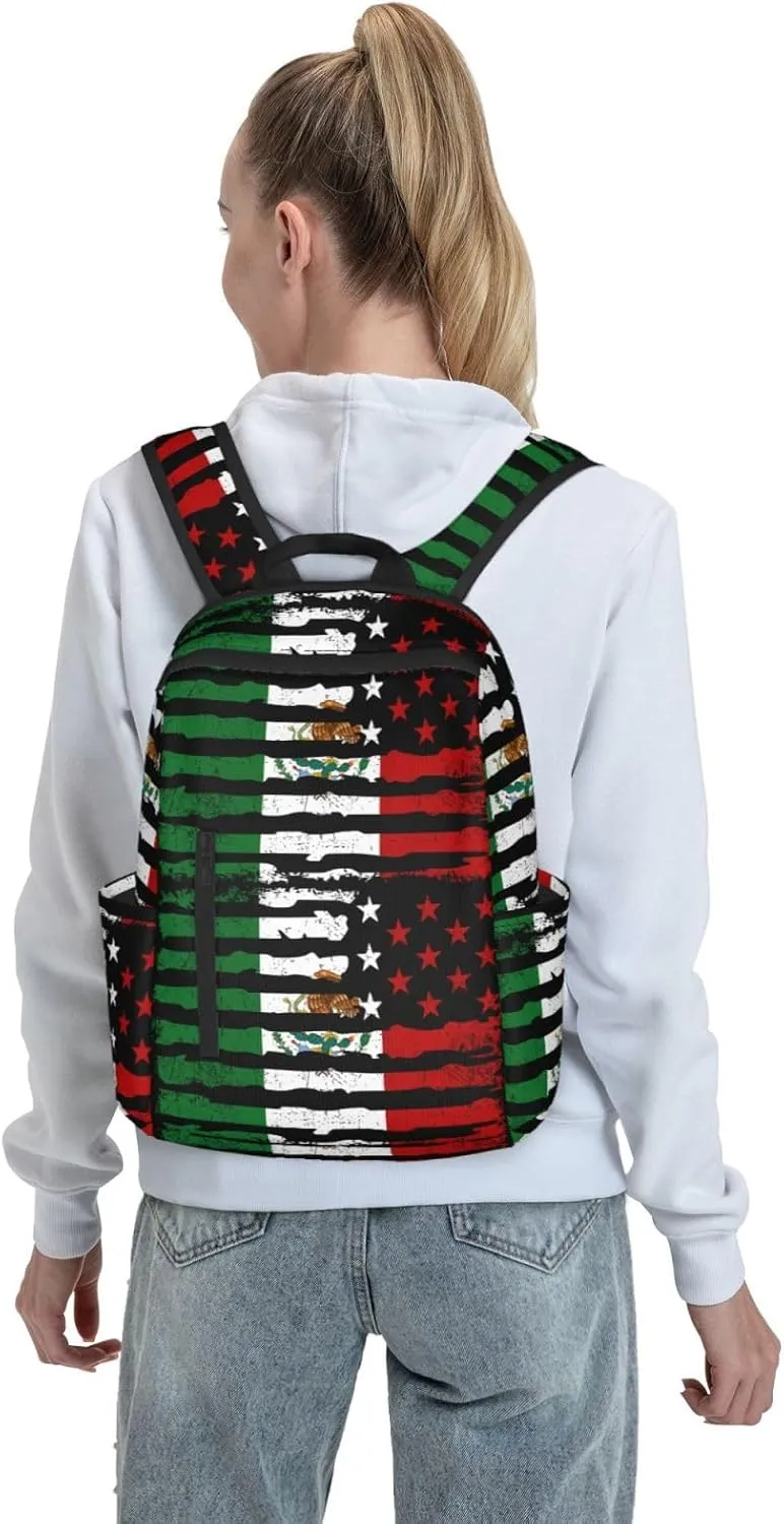 Mexican American Pride USA Flag Mexico Roots Travel Backpacks Casual Laptop Backpack Sport Rucksack Large Capacity Daypack Multi-Pockets Adjustable Strap Bag for Working Hiking
