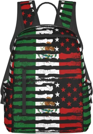 Mexican American Pride USA Flag Mexico Roots Travel Backpacks Casual Laptop Backpack Sport Rucksack Large Capacity Daypack Multi-Pockets Adjustable Strap Bag for Working Hiking