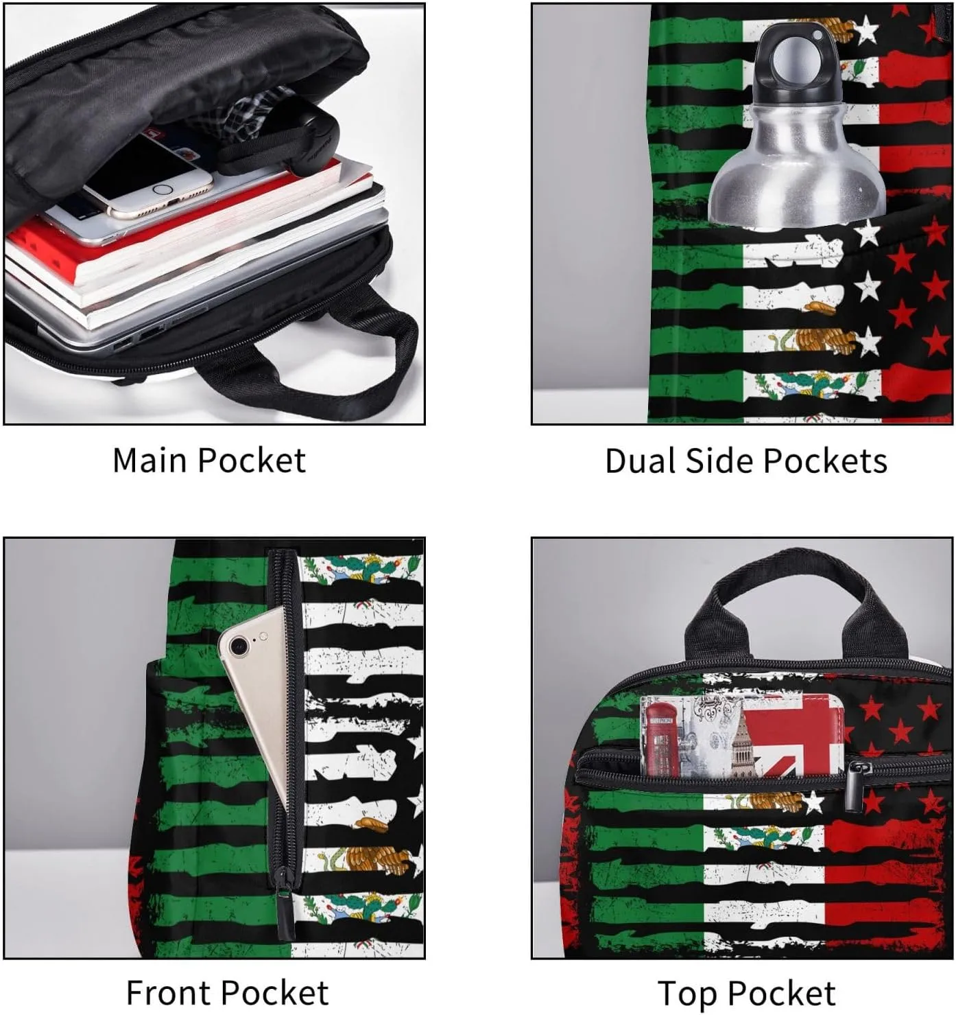 Mexican American Pride USA Flag Mexico Roots Travel Backpacks Casual Laptop Backpack Sport Rucksack Large Capacity Daypack Multi-Pockets Adjustable Strap Bag for Working Hiking