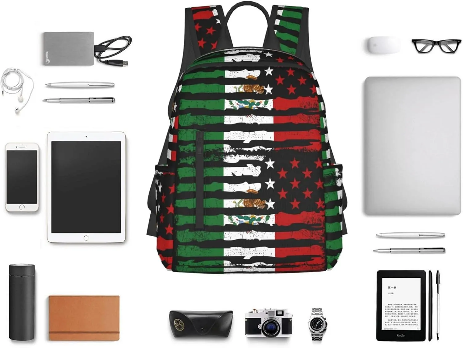 Mexican American Pride USA Flag Mexico Roots Travel Backpacks Casual Laptop Backpack Sport Rucksack Large Capacity Daypack Multi-Pockets Adjustable Strap Bag for Working Hiking