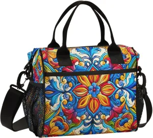 Mexican Ceramic Tile Print Insulated Lunch Bag with Shoulder Strap & Carry Handle, Eco-friendly Cooler Bag Tote Bag for Men,Women（732）