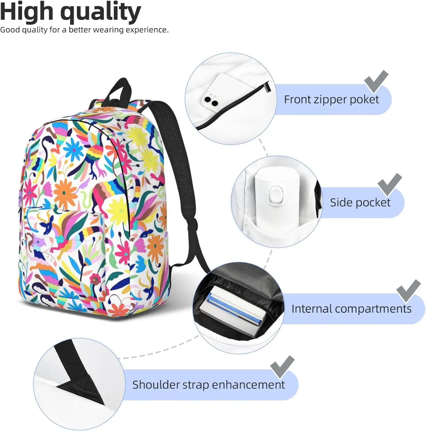 Mexican Otomi Animals Print Canvas Backpack Women,Mens Travel Casual Daypack Bookbag For Laptop Work Travel Hiking