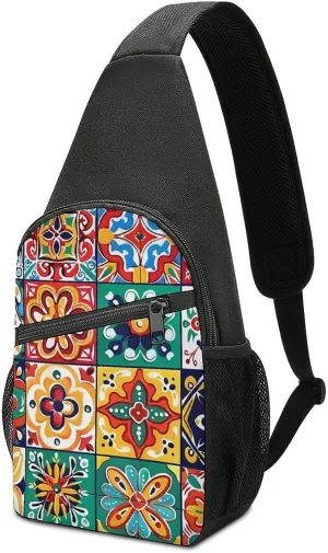 Mexican Talavera Italian Pottery Sling Bag Travel Daypack Crossbody Shoulder Backpack for Hiking Cycling