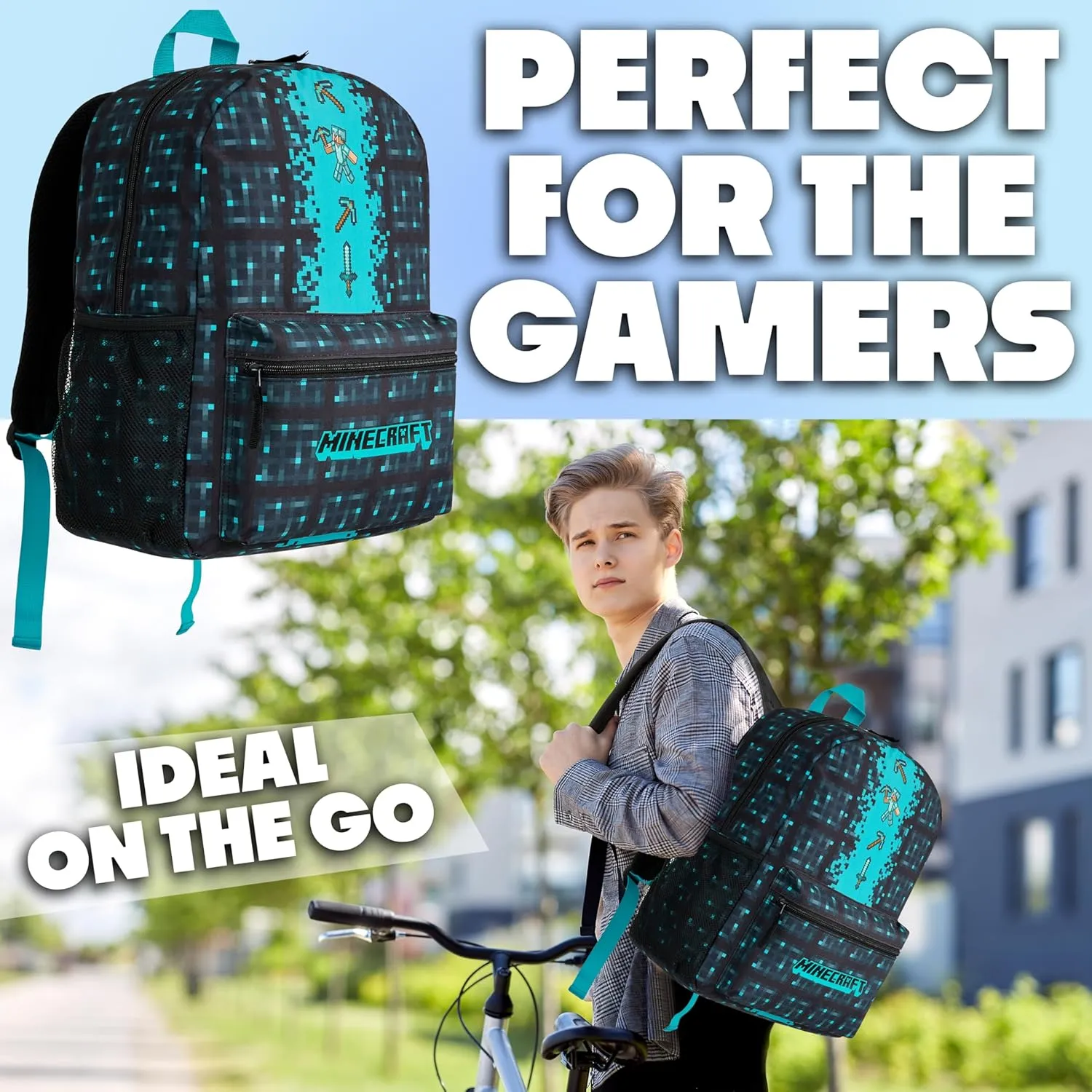 Minecraft Kids School Backpack with Zipped Front Pocket for Sports, Gym, Travel - Gamer Gifts (Blue)