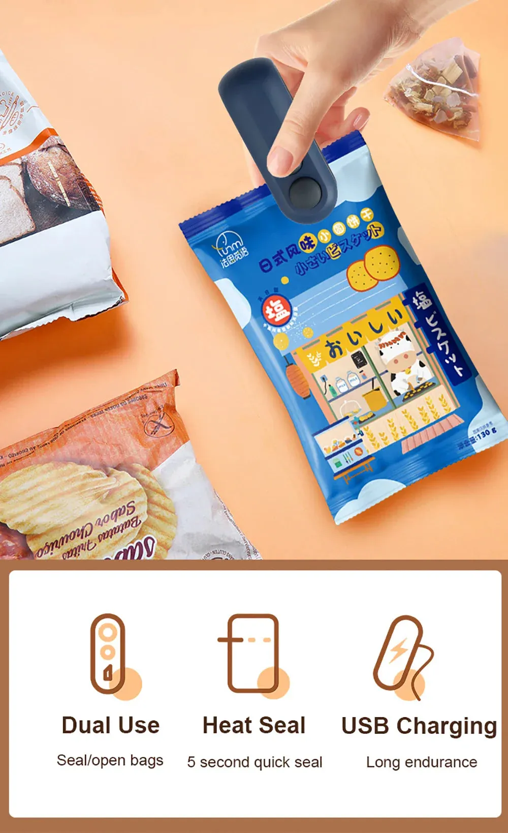 Mini Heat Bag Sealing Machine Package Sealer Bags Plastic Food Sealer Clip Bag Handheld Sealer Food Packaging Heat Sealer Opener
