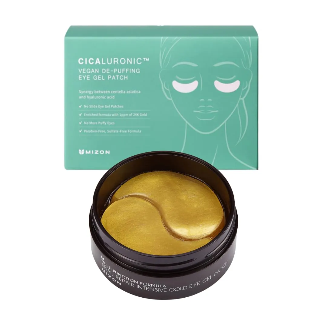 MIZON Snail Gold Eye Gel Patches   Cicaluronic Vegan De-puffing Eye Patches. Intensive eye skincare, anti-wrinkle, de-puffing, refreshing, soothing, hydrating.