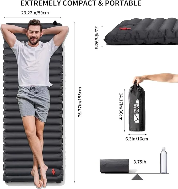 MOBI GARDEN Camping Pad, Inflatable Sleeping Mat with Built-in Foot Pump, Compact Waterproof Camping Air Mattress for Backpacking, Hiking, Tent, Traveling