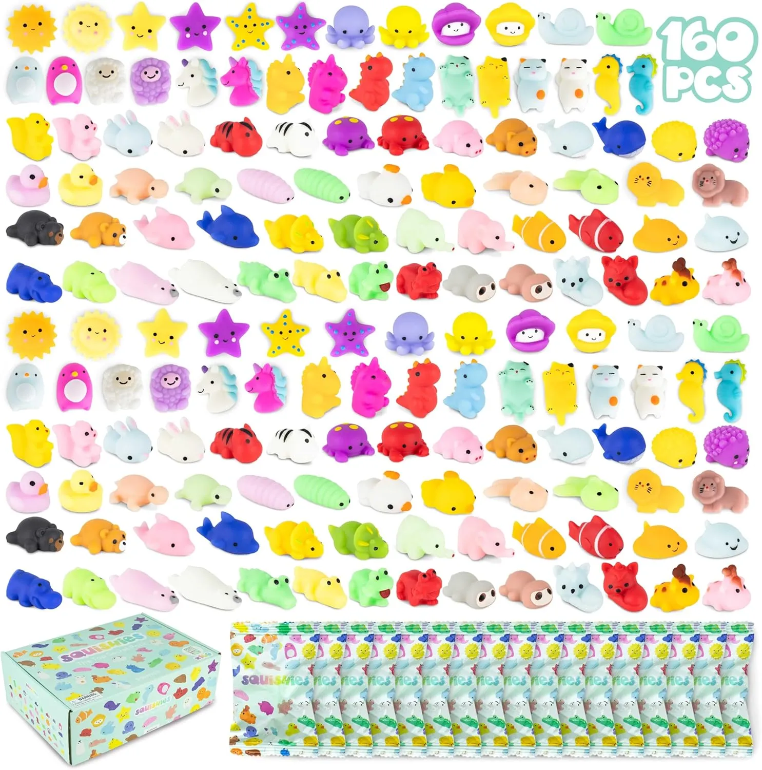 Mochi Squishy Toys Bulk for Kids Party Favors Pack 160 - BONNYCO | Goodie Bags Stuffers for Kids 3-5 4-8, Return Gifts Birthday Party | Squishy Fidget Toys, Pinata Stuffers Birthday Boys Girls Kawaii