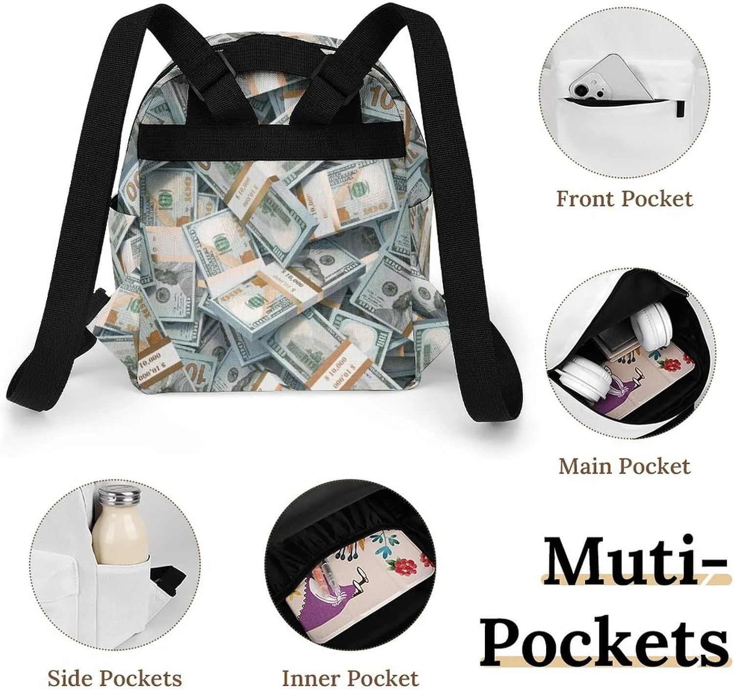 Money American Bill Dollar Casual Women's Backpack, Lightweight, Waterproof, Versatile Daily Bag