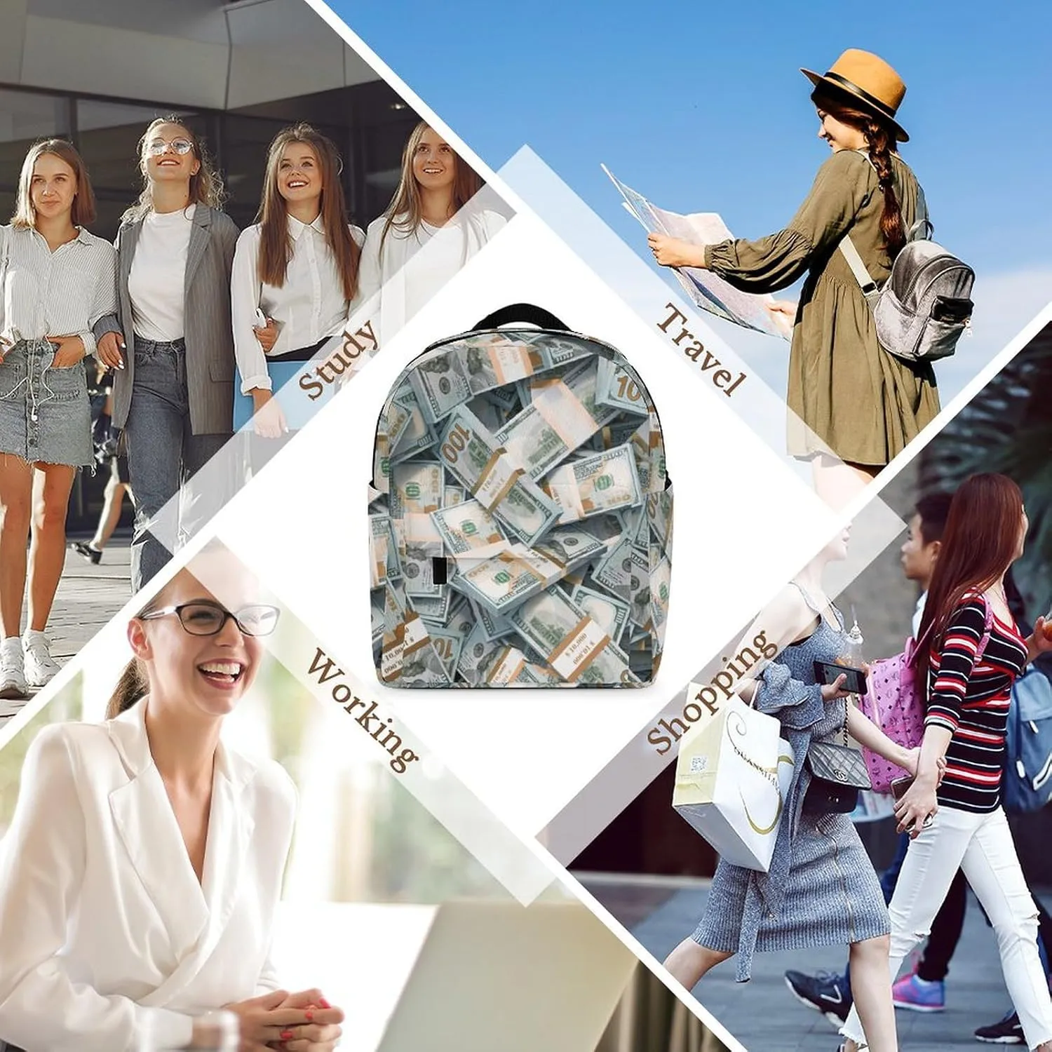 Money American Bill Dollar Casual Women's Backpack, Lightweight, Waterproof, Versatile Daily Bag