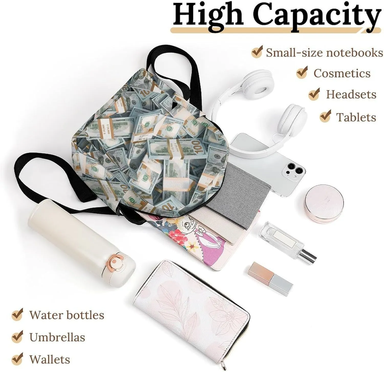 Money American Bill Dollar Casual Women's Backpack, Lightweight, Waterproof, Versatile Daily Bag