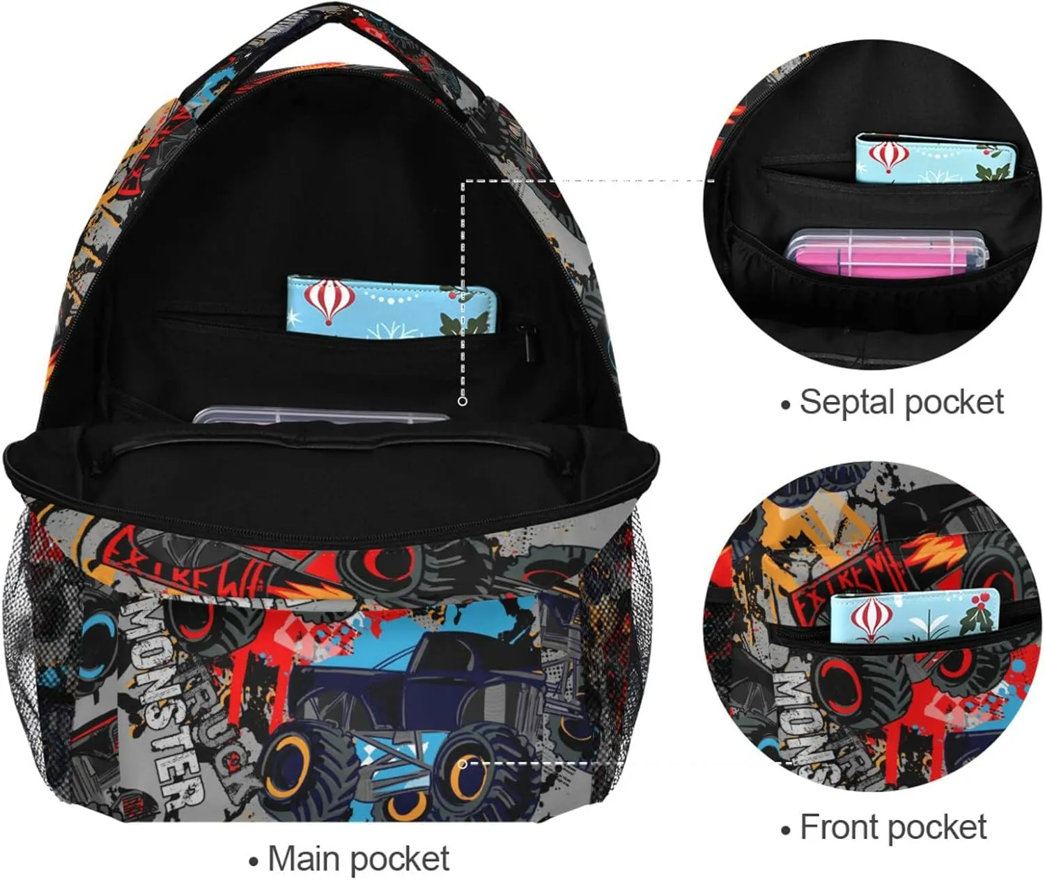 Monster Truck Car Boys Girls Kids School Backpacks Bookbag, Elementary School Bag Travel Backpack Daypack