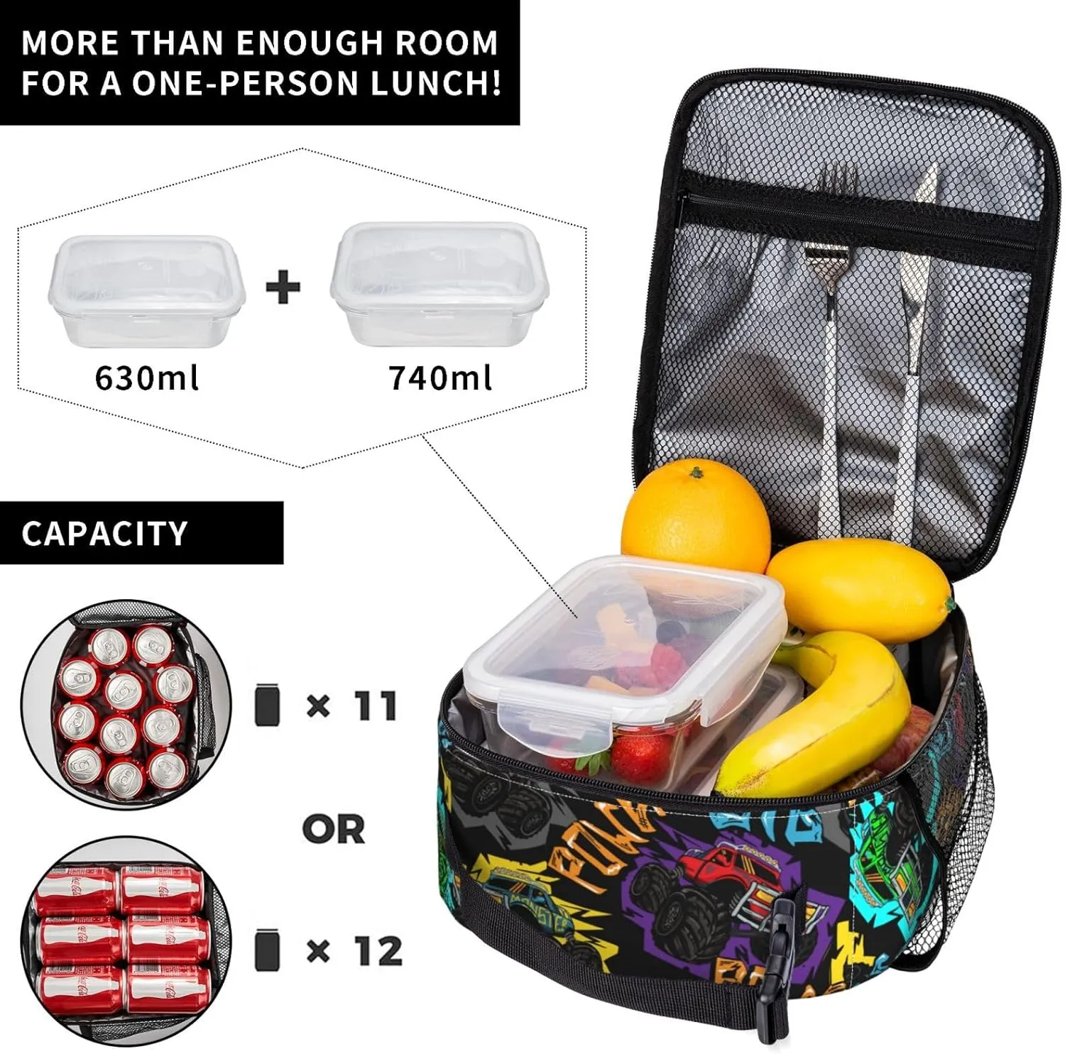 Monster Truck Car Lunch Bag Lunch Box Insulated Meal Bag Food Container for School Work Picnic Travel