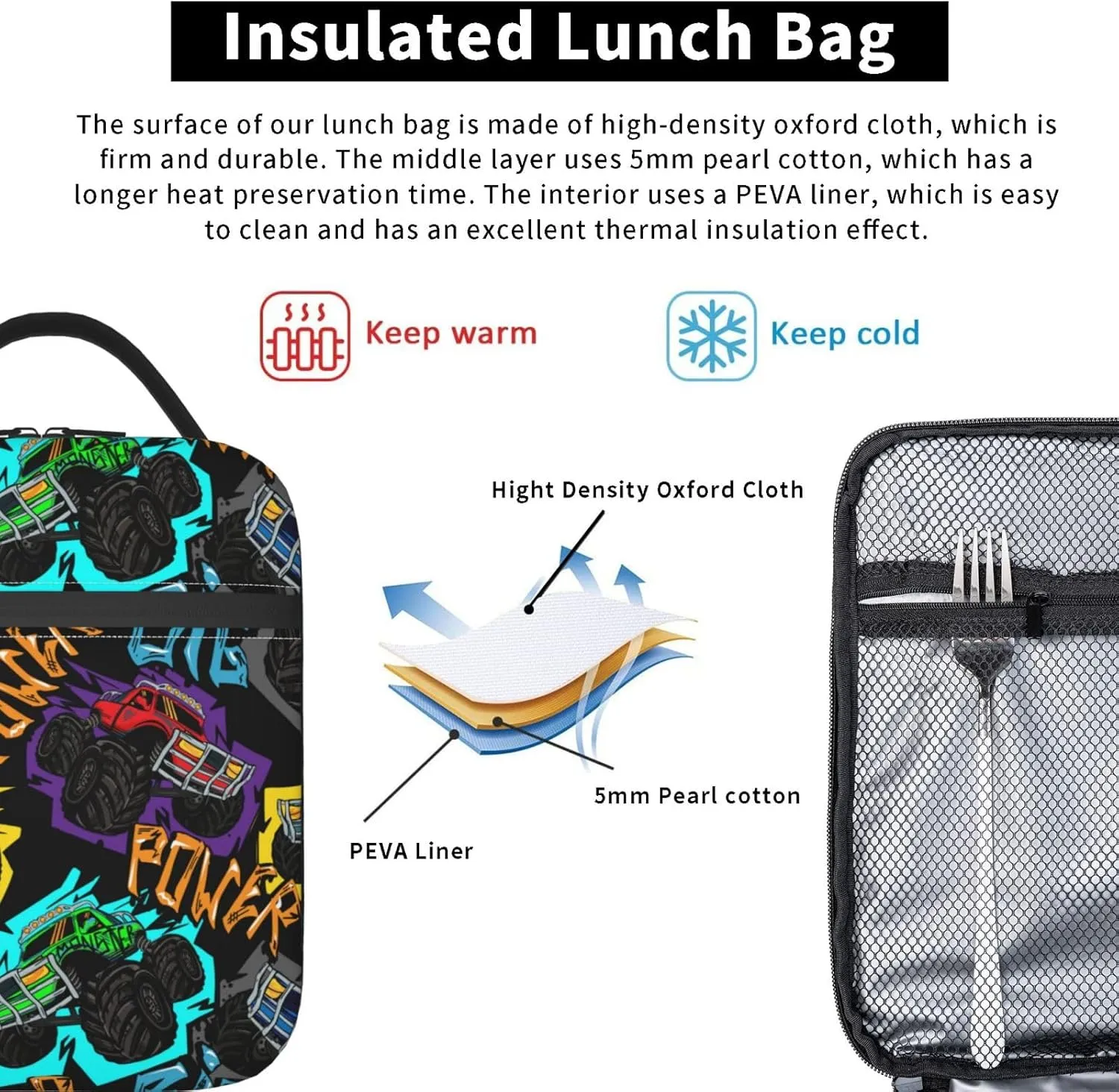 Monster Truck Car Lunch Bag Lunch Box Insulated Meal Bag Food Container for School Work Picnic Travel