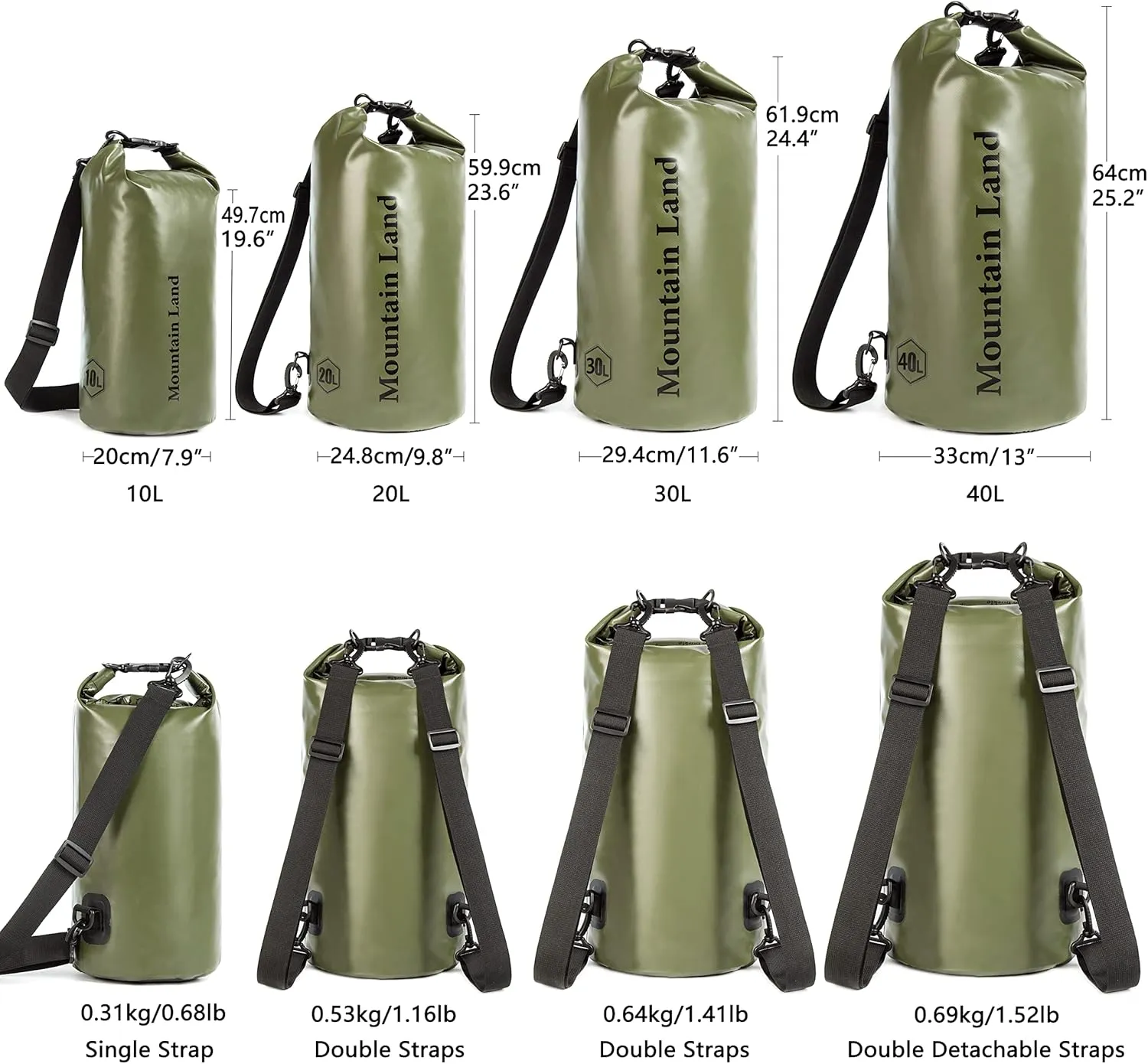 Mountain Land Waterproof Beach Dry Bag 30L Roll Top Backpack Boat Bag Dry Sack for Kayaking Rafting Fishing Hiking Camping Army Green