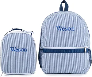 MT WORLD Daycare Backpacks with Lunch Boxes Set,Personalized Seersucker Backpacks and Lunchboxes,Travel Daypack with Lunch Bag,Stripped Daypack Lunchbags Set