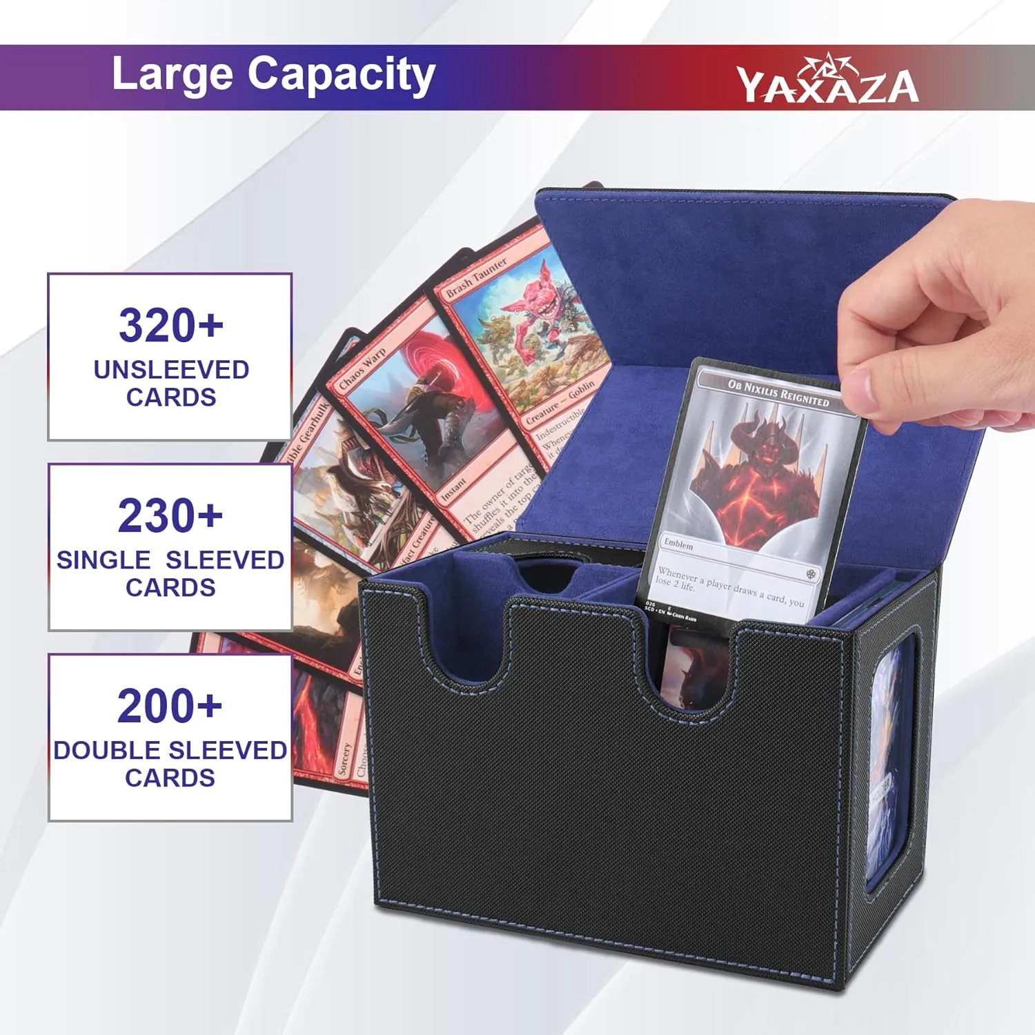 MTG Deck Box with Commander Display Window, Fits 200  Double Sleeved Cards, Strong Magnetic PU Leather Card Deck Case, with 2 Dividers, 1 Toploader, and Dice Tray (Black & Blue)