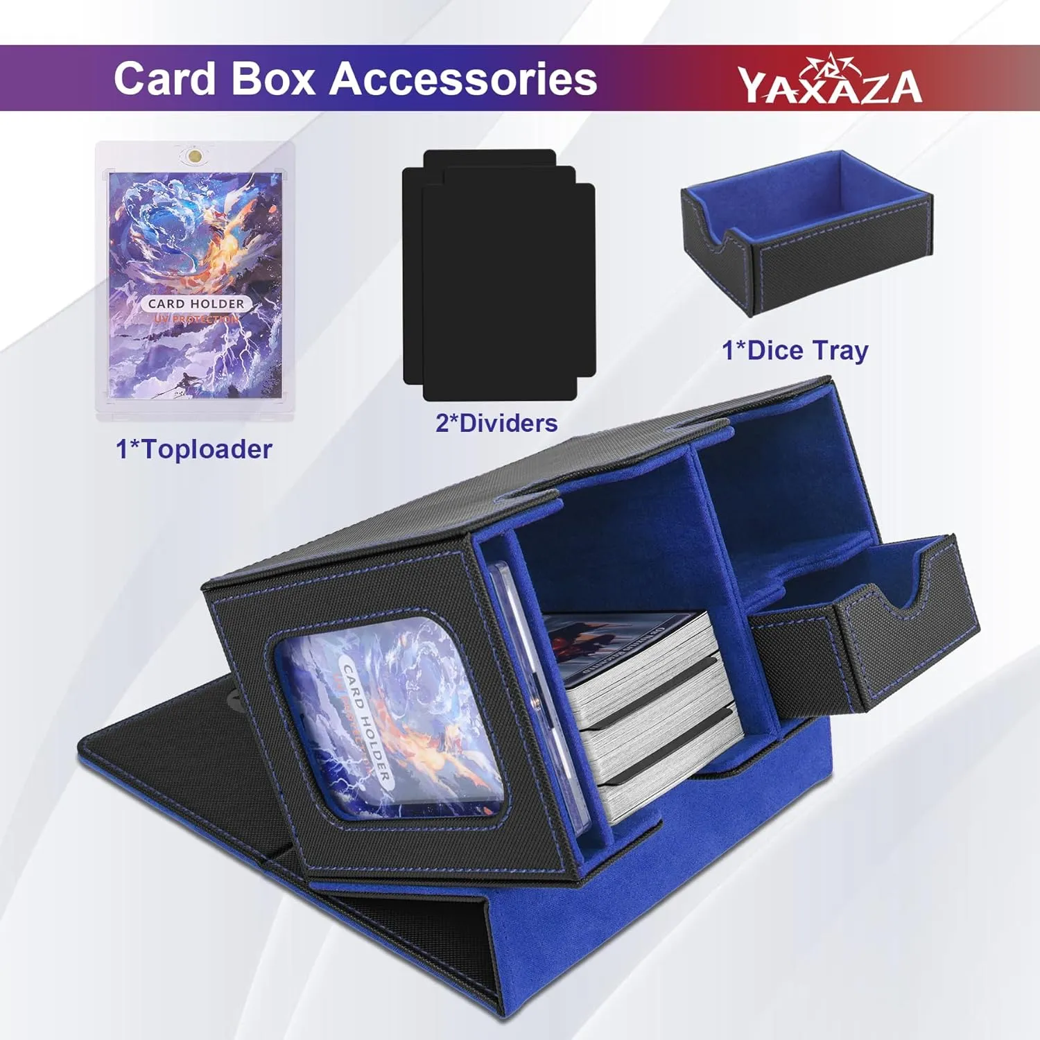 MTG Deck Box with Commander Display Window, Fits 200  Double Sleeved Cards, Strong Magnetic PU Leather Card Deck Case, with 2 Dividers, 1 Toploader, and Dice Tray (Black & Blue)