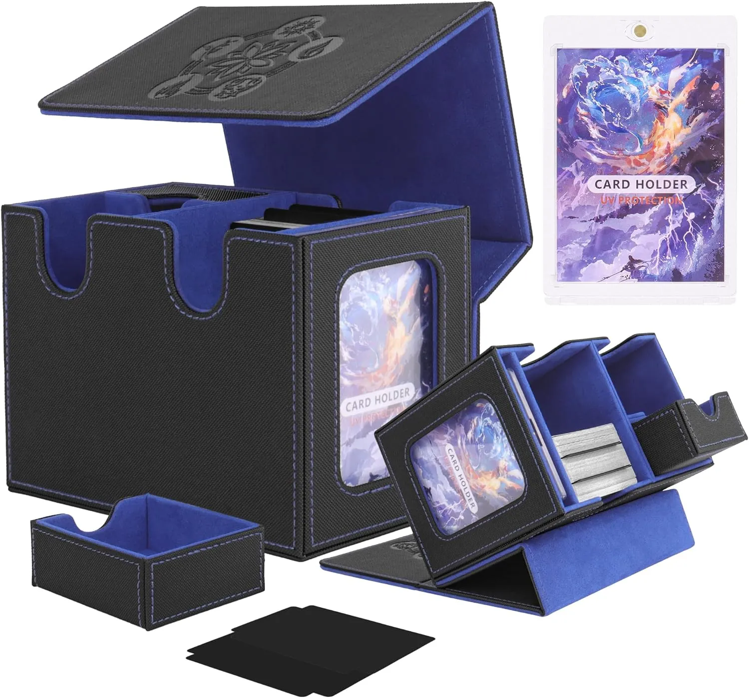 MTG Deck Box with Commander Display Window, Fits 200  Double Sleeved Cards, Strong Magnetic PU Leather Card Deck Case, with 2 Dividers, 1 Toploader, and Dice Tray (Black & Blue)