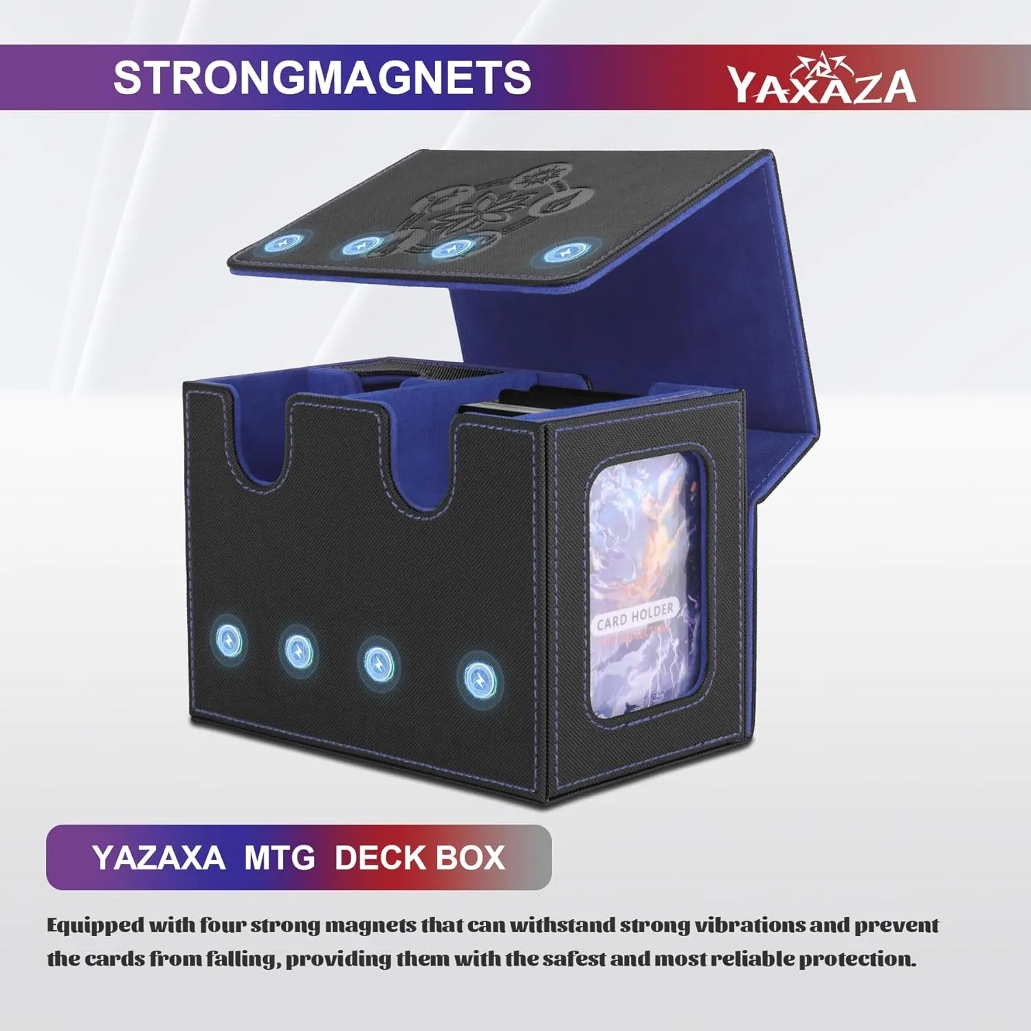 MTG Deck Box with Commander Display Window, Fits 200  Double Sleeved Cards, Strong Magnetic PU Leather Card Deck Case, with 2 Dividers, 1 Toploader, and Dice Tray (Black & Blue)