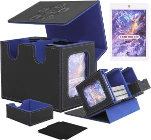 MTG Deck Box with Commander Display Window, Fits 200  Double Sleeved Cards, Strong Magnetic PU Leather Card Deck Case, with 2 Dividers, 1 Toploader, and Dice Tray (Black & Blue)