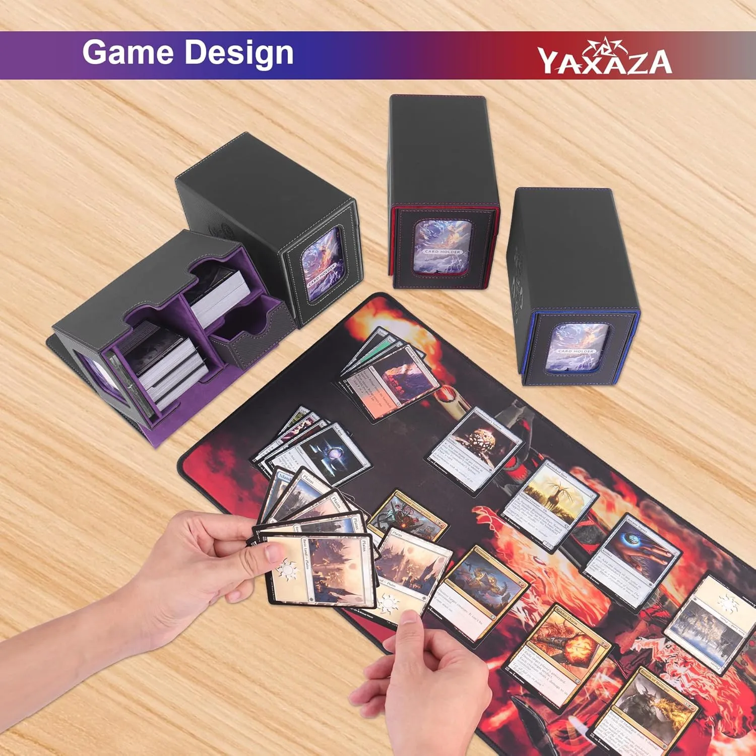 MTG Deck Box with Commander Display Window, Fits 200  Double Sleeved Cards, Strong Magnetic PU Leather Card Deck Case, with 2 Dividers, 1 Toploader, and Dice Tray (Black & Blue)