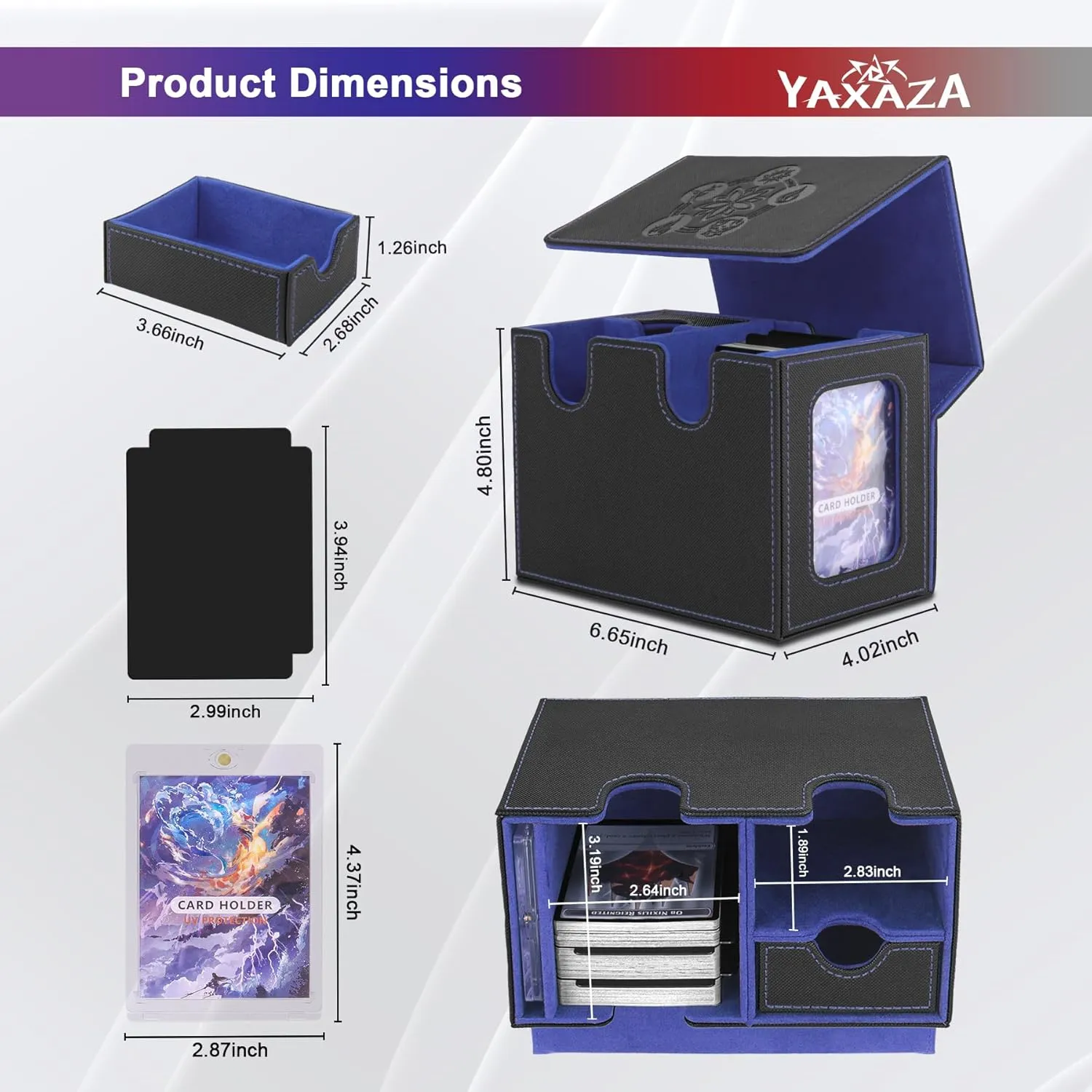 MTG Deck Box with Commander Display Window, Fits 200  Double Sleeved Cards, Strong Magnetic PU Leather Card Deck Case, with 2 Dividers, 1 Toploader, and Dice Tray (Black & Blue)