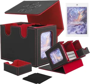 MTG Deck Box with Commander Display Window, Fits 200  Double-Sleeved Cards, Strong Magnetic PU Leather CardDeck Case with 2 Dividers, 1 Toploader, and Dice Tray(Black & Red)
