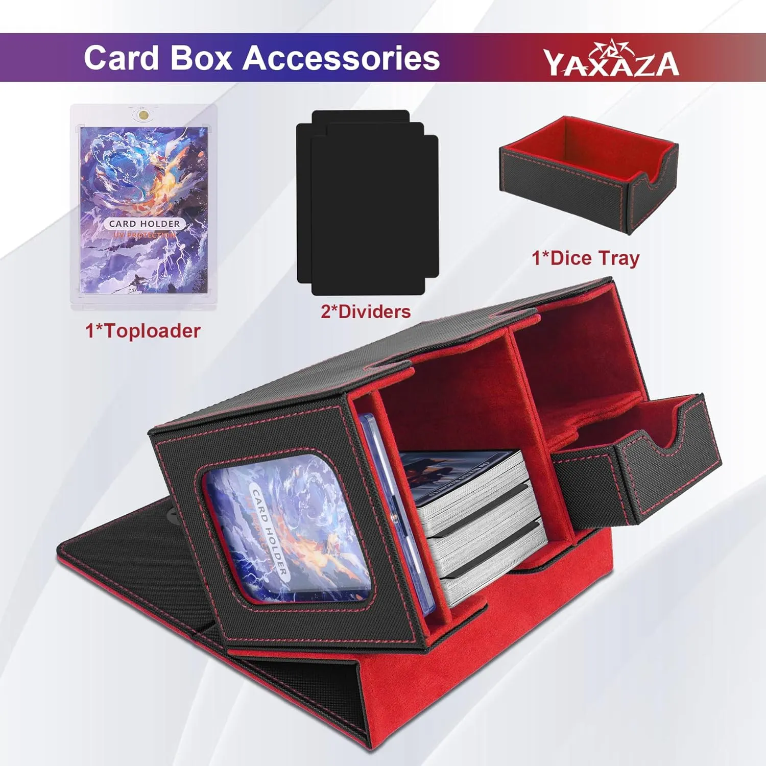 MTG Deck Box with Commander Display Window, Fits 200  Double-Sleeved Cards, Strong Magnetic PU Leather CardDeck Case with 2 Dividers, 1 Toploader, and Dice Tray(Black & Red)