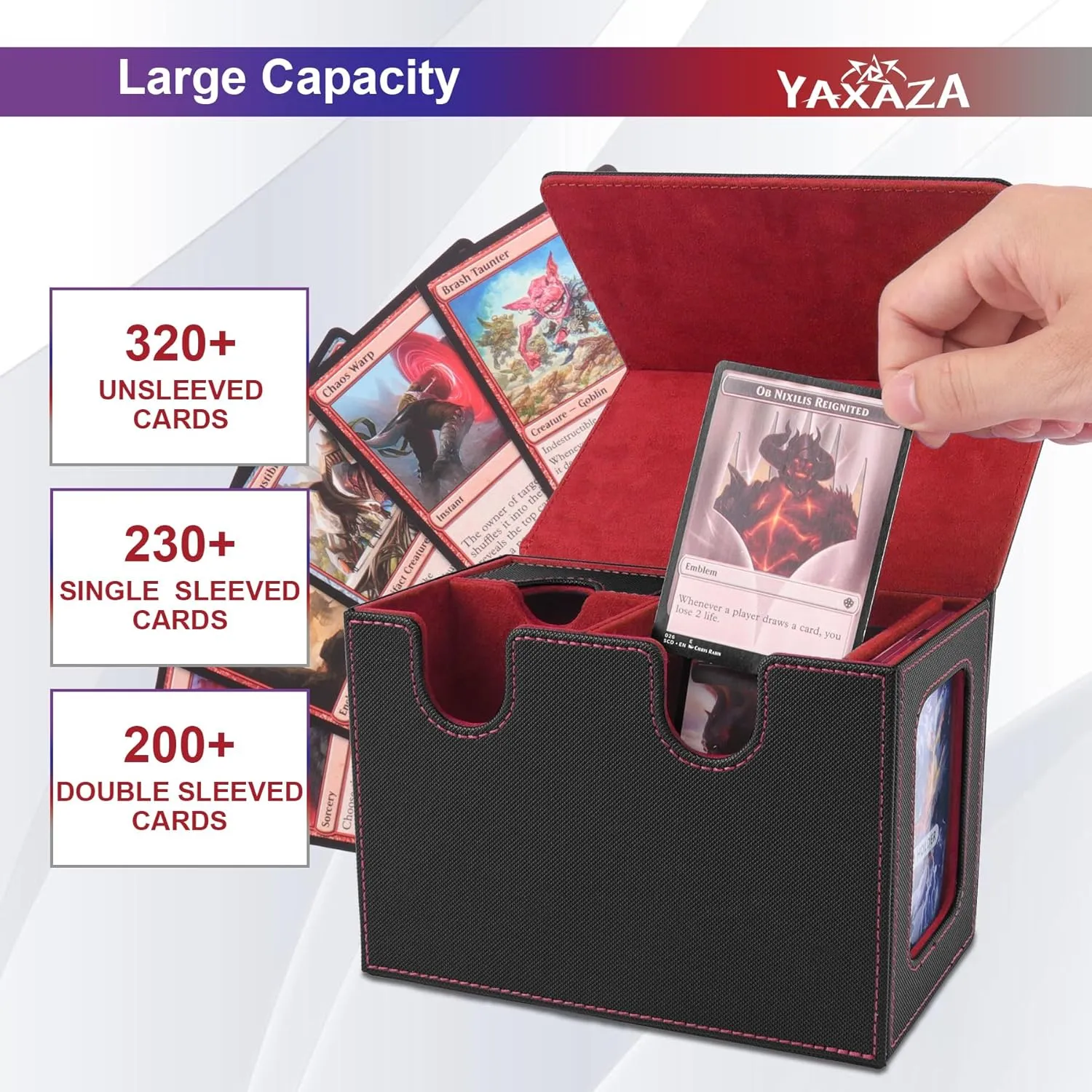 MTG Deck Box with Commander Display Window, Fits 200  Double-Sleeved Cards, Strong Magnetic PU Leather CardDeck Case with 2 Dividers, 1 Toploader, and Dice Tray(Black & Red)