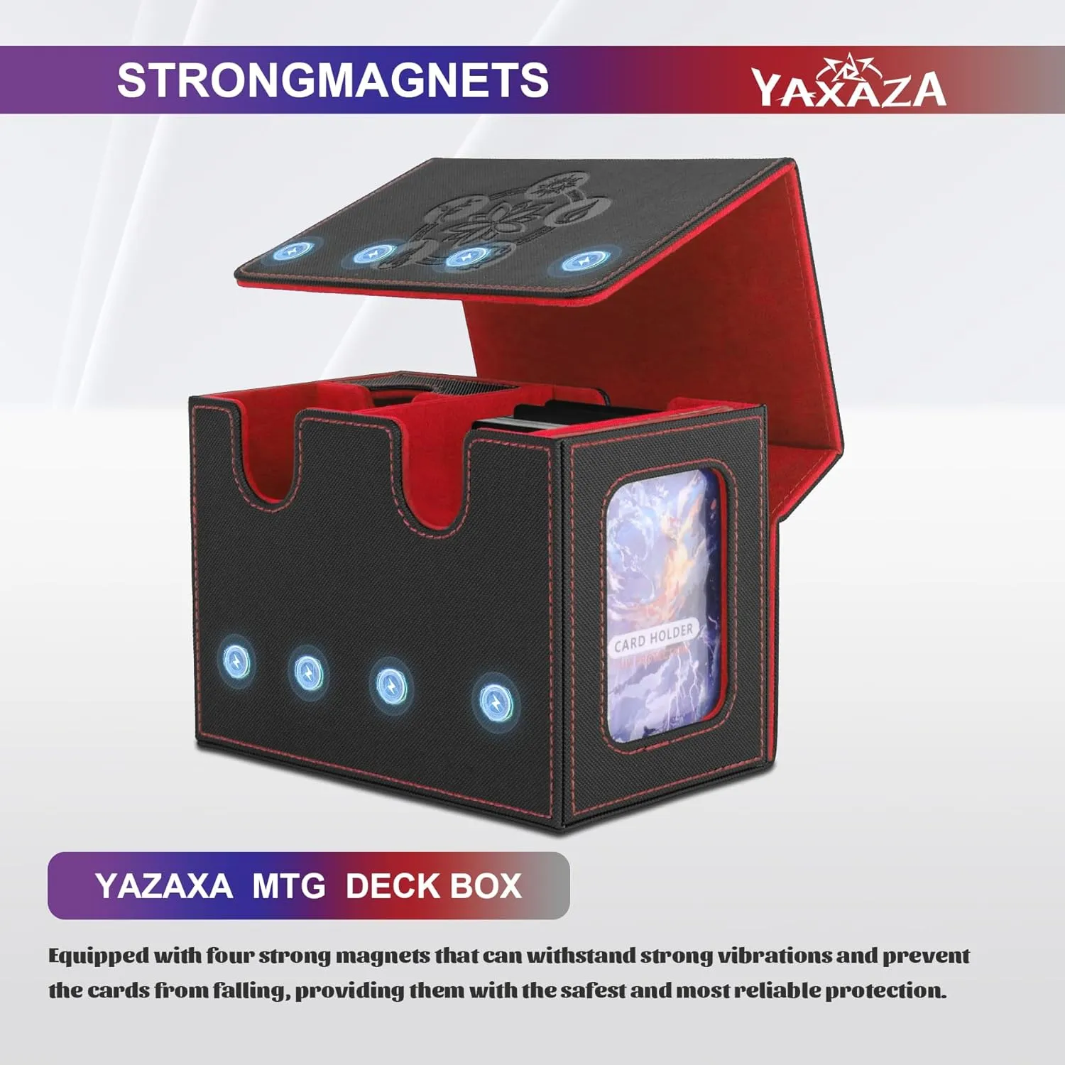 MTG Deck Box with Commander Display Window, Fits 200  Double-Sleeved Cards, Strong Magnetic PU Leather CardDeck Case with 2 Dividers, 1 Toploader, and Dice Tray(Black & Red)