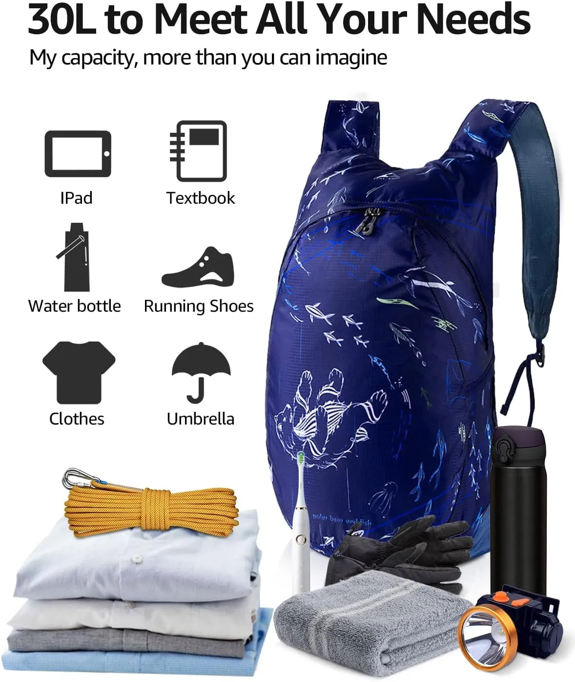 MULISOFT 28L Packable Hiking Backpack, Travel Ultralight Backpack For Men & Women, Multifunctional Camping Daypack, Water-resistant Backpack For Cycling Outdoor Sports, Blue