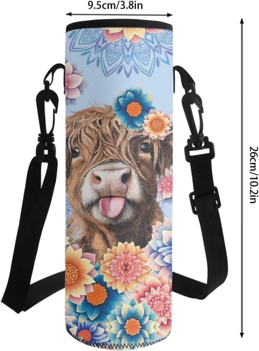 Multifunctional School Bookbag Set for Girls Zippered Backpack with Lunch Box Pencil Case Water Bottle Sleeve Kids 4 Pieces School Bag Set, Highland Calf Bohemian Flower Blue
