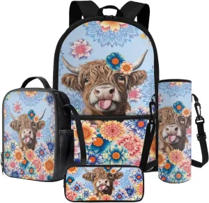 Multifunctional School Bookbag Set for Girls Zippered Backpack with Lunch Box Pencil Case Water Bottle Sleeve Kids 4 Pieces School Bag Set, Highland Calf Bohemian Flower Blue