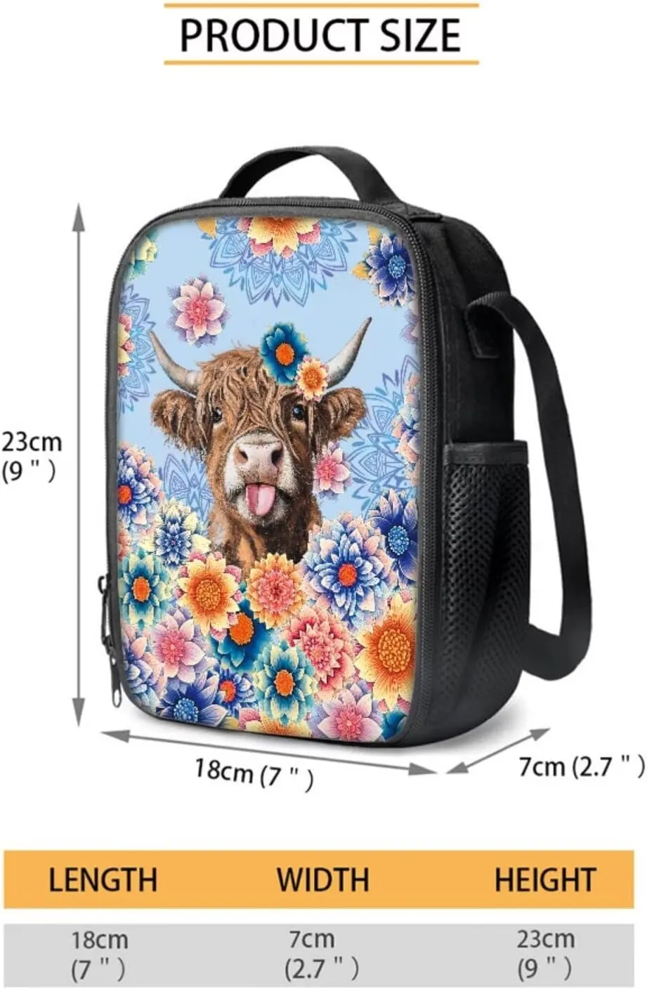 Multifunctional School Bookbag Set for Girls Zippered Backpack with Lunch Box Pencil Case Water Bottle Sleeve Kids 4 Pieces School Bag Set, Highland Calf Bohemian Flower Blue