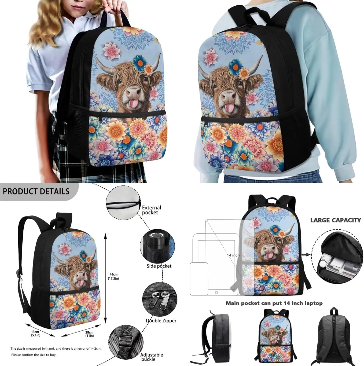 Multifunctional School Bookbag Set for Girls Zippered Backpack with Lunch Box Pencil Case Water Bottle Sleeve Kids 4 Pieces School Bag Set, Highland Calf Bohemian Flower Blue