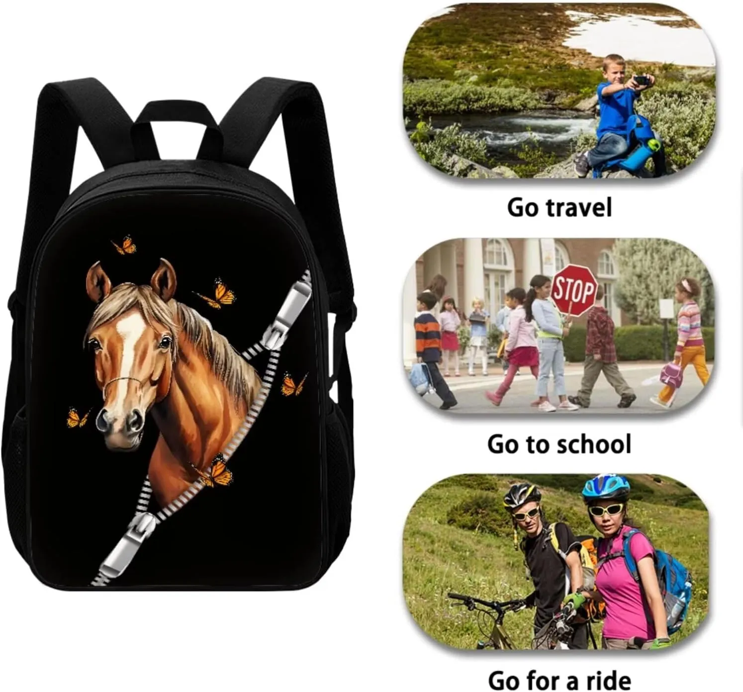 Mumeson Zipper Horse Backpack Bookbags Kids School Backpack Set and Insulated Lunch Bags with Adjustable Strip,Lightweight Small Pencase Pencil Bag 3 Pack Set