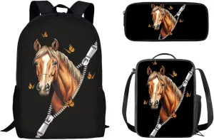 Mumeson Zipper Horse Backpack Bookbags Kids School Backpack Set and Insulated Lunch Bags with Adjustable Strip,Lightweight Small Pencase Pencil Bag 3 Pack Set