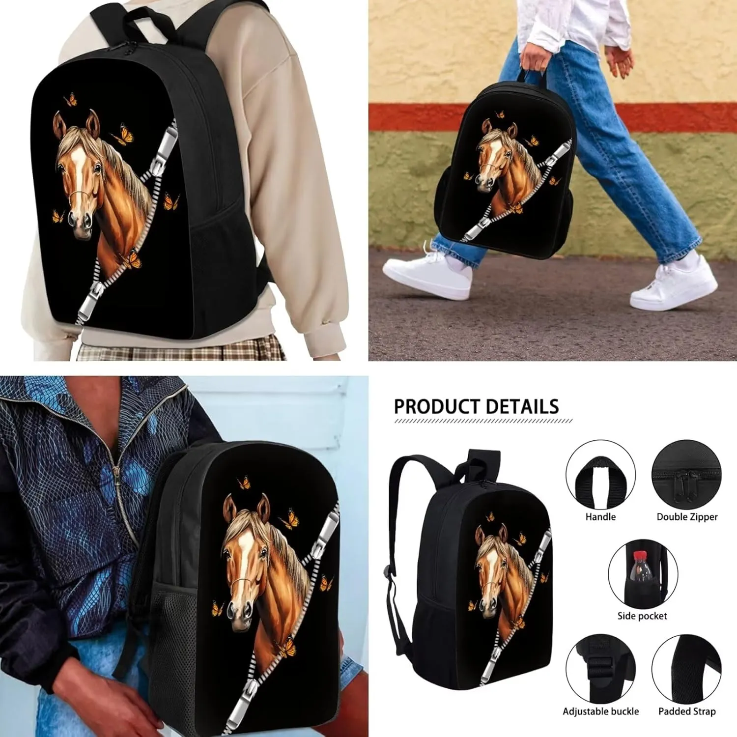 Mumeson Zipper Horse Backpack Bookbags Kids School Backpack Set and Insulated Lunch Bags with Adjustable Strip,Lightweight Small Pencase Pencil Bag 3 Pack Set