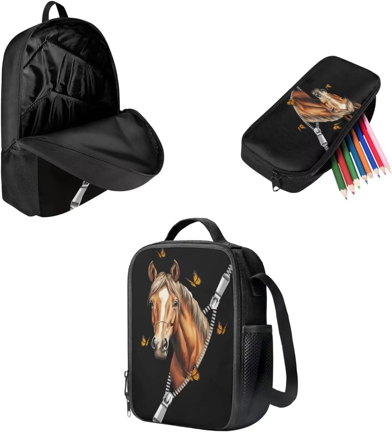 Mumeson Zipper Horse Backpack Bookbags Kids School Backpack Set and Insulated Lunch Bags with Adjustable Strip,Lightweight Small Pencase Pencil Bag 3 Pack Set
