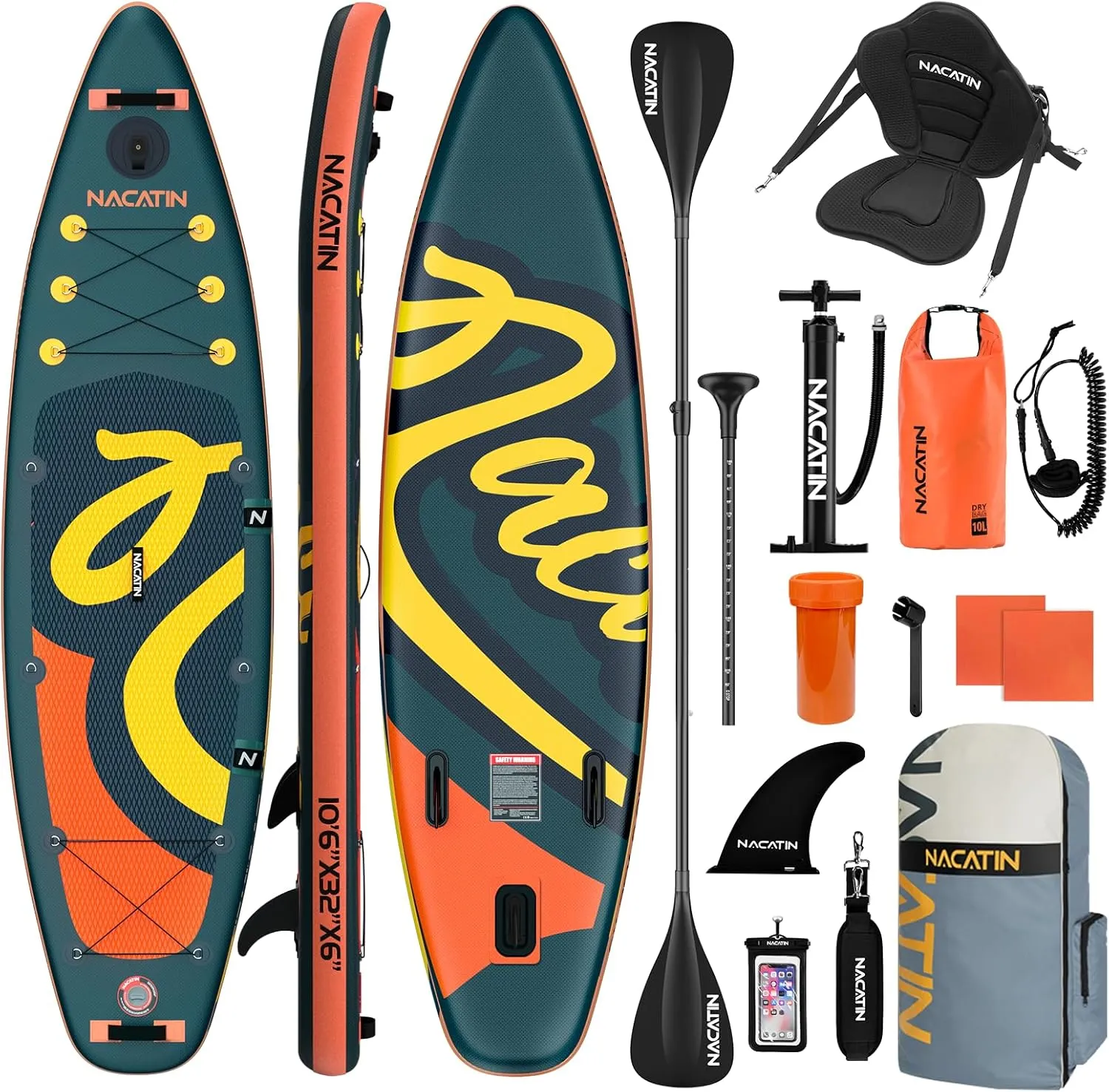 NACATIN Inflatable Stand Up Paddle Board with Kayak Seat,10'6"Upgrade Version Blow Up Paddle Boards for Adults with Premium SUP Accessories&Backpack,Adjustable Paddle,Camera Mount,Fins,Hand Pump