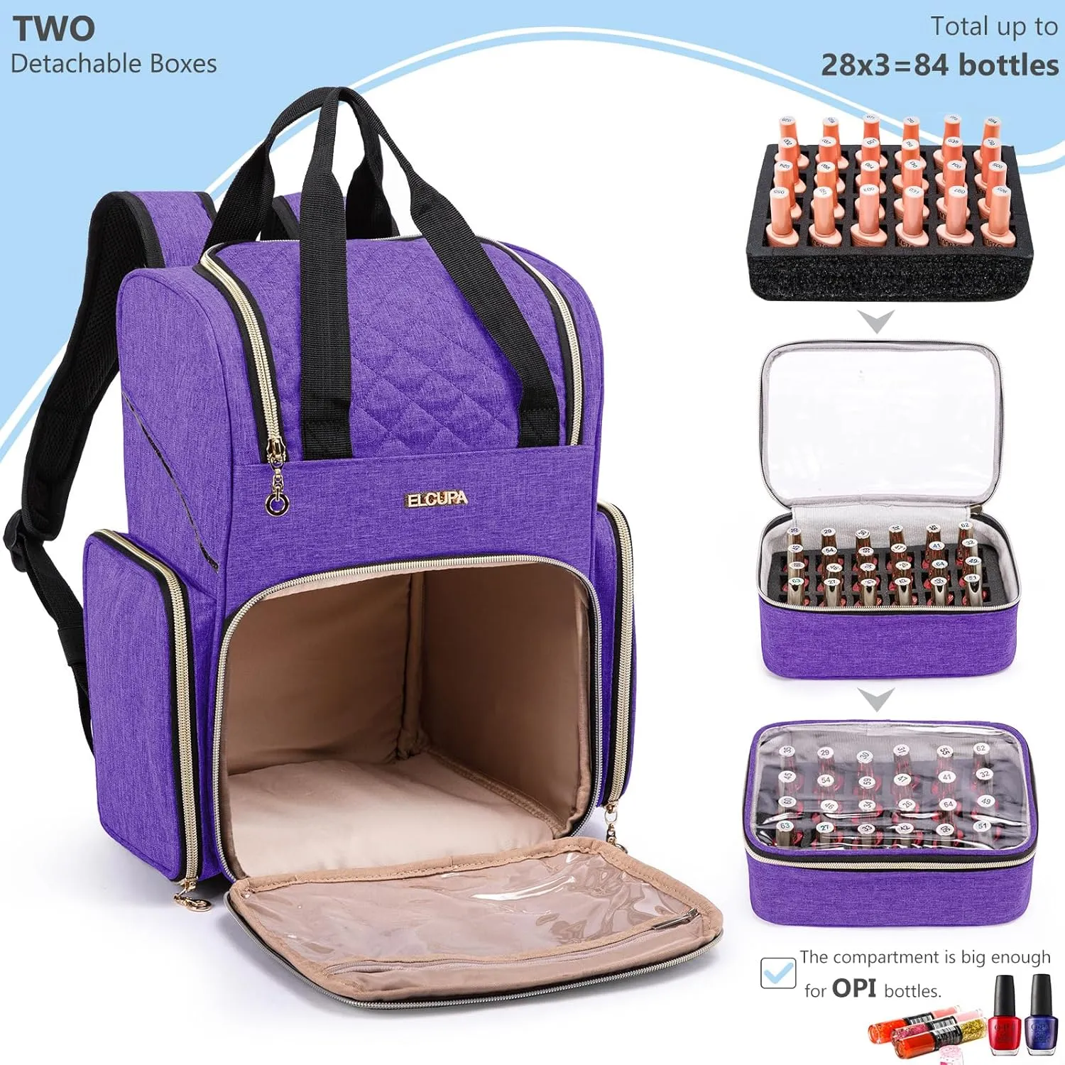 Nail Polish Organizer Backpack Holds 48 Bottles (0.5 Fl Oz) and a Nail Dryer, Nail Polish Storage Bag With 2 Removable Boxes for Nail Suppliers,Nail Kit, Gel Polish