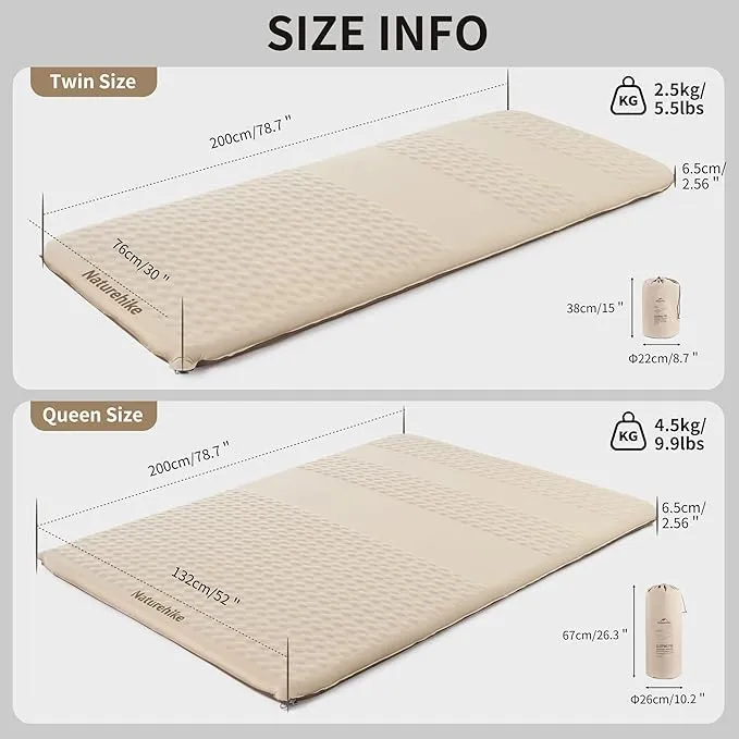 Naturehike 2.56’’ Thick Self-Inflating Sleeping Pad with Lighter Foam, Inflatable Twin Size Mattress for Camping, Outdoors, Car, Home, ISPO Award Winning Processes