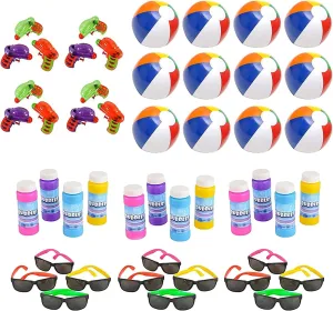 Neliblu 48 Pack Summer Party Favors For Kids - Pool Party Decorations For Kids Birthday, Beach Theme Party Supplies, Includes: 12 Neon Sunglasses, 12 Beach Balls,12 Water Guns, and 12 Pack Bubbles