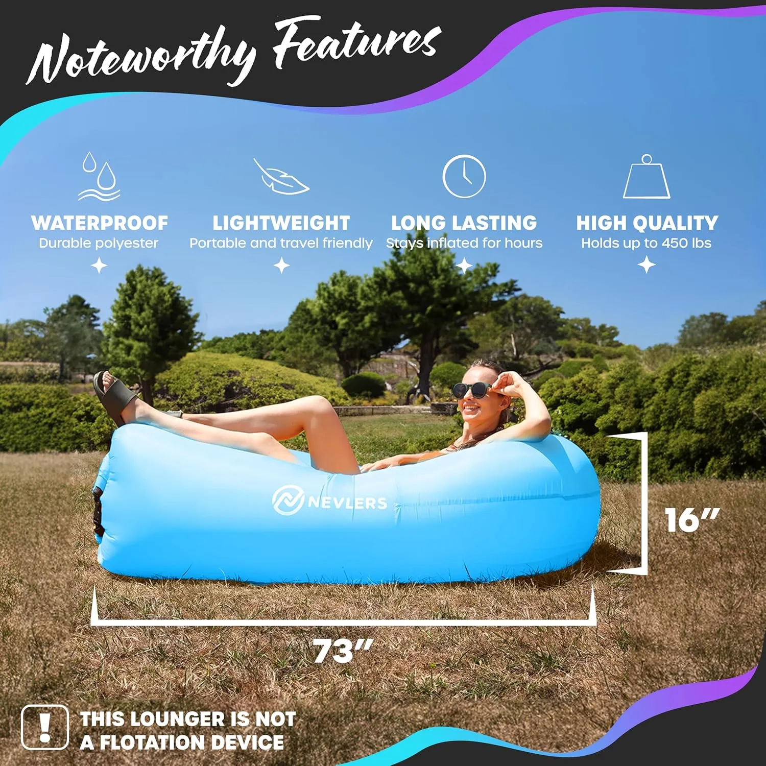 Nevlers Blue & Purple Inflatable Lounger 2 Pack | 210T Polyester Inflatable Chair | No-Pump Air Couch | Blow Up Couch Set w/ 450 lbs. Capacity, Pockets & Carry Bags for Use as Beach Accessories