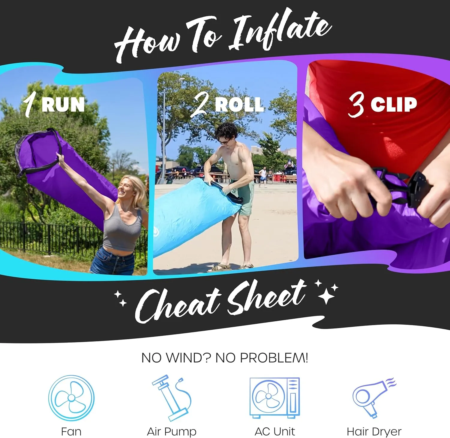 Nevlers Blue & Purple Inflatable Lounger 2 Pack | 210T Polyester Inflatable Chair | No-Pump Air Couch | Blow Up Couch Set w/ 450 lbs. Capacity, Pockets & Carry Bags for Use as Beach Accessories