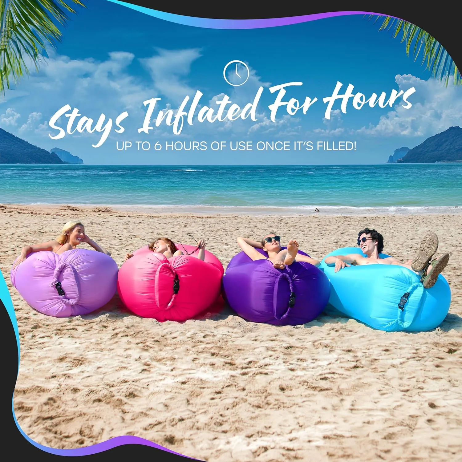 Nevlers Blue & Purple Inflatable Lounger 2 Pack | 210T Polyester Inflatable Chair | No-Pump Air Couch | Blow Up Couch Set w/ 450 lbs. Capacity, Pockets & Carry Bags for Use as Beach Accessories